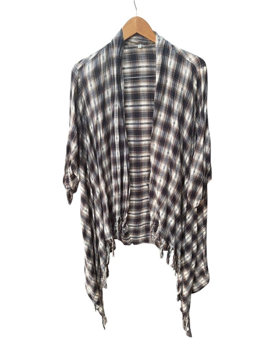Plaid Fringe Open-Front Women's Shawl Shrug